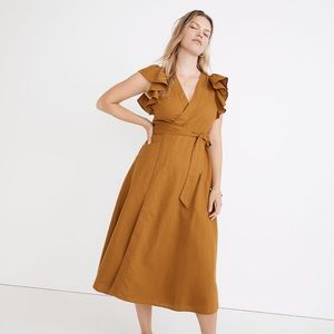 NWT Madewell Linen-Blend Ruffle-Sleeve Wrap Midi Dress